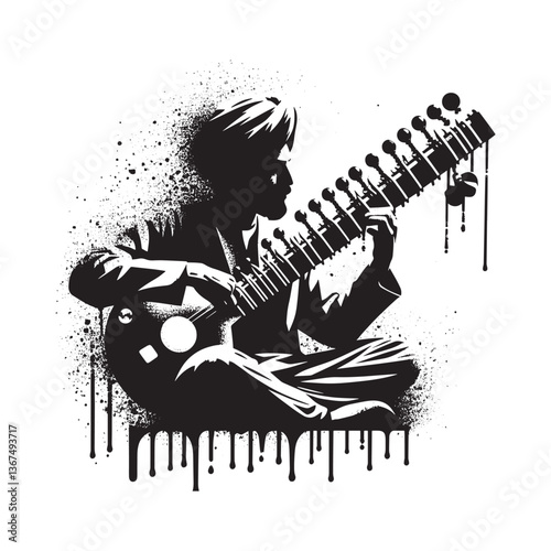 Monochrome stencil artwork depicting musician playing an ornate Sitar instrument