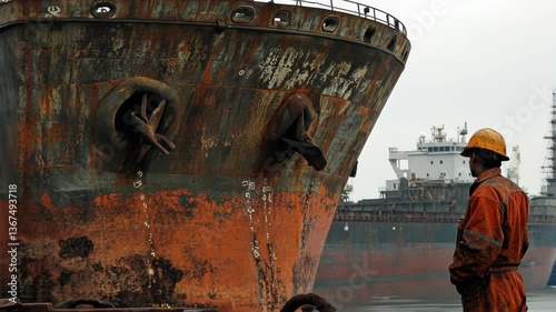 Worker inspects rusted cargo ship at shipyard during overcast day