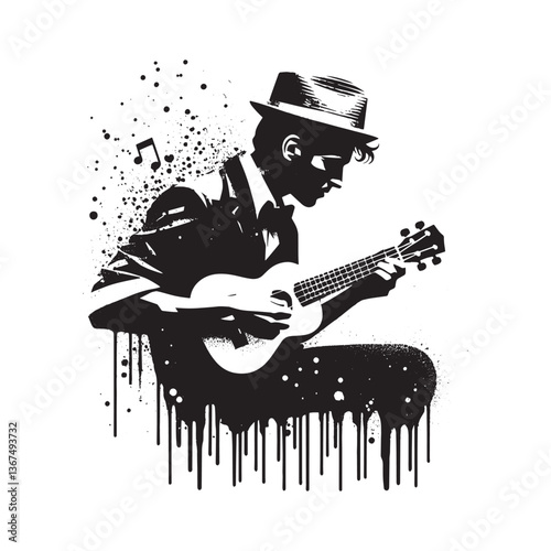 Monochrome stencil art featuring a ukulele player with dripping paint effects