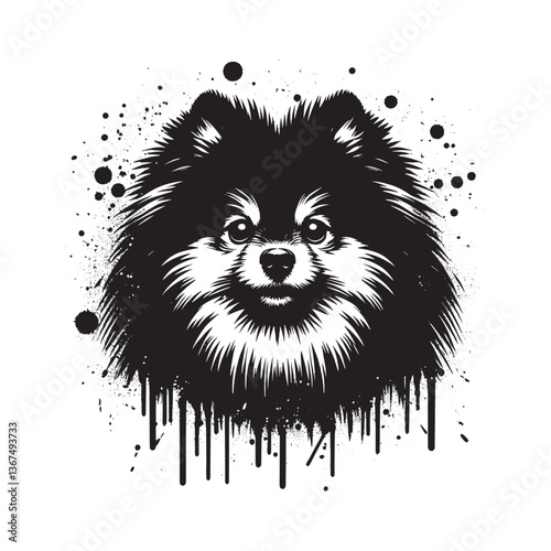Monochrome Spitz Portrait with Grunge Texture and Dripping Paint Aesthetics