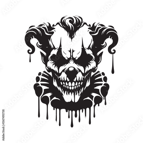Monochrome stencil of a malevolent clown face with dripping paint details