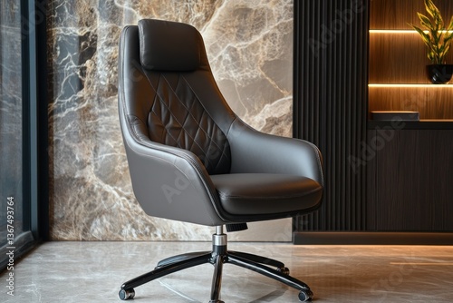 Luxury ergonomic leather office chair with adjustable armrests and high backrest, sleek modern design.