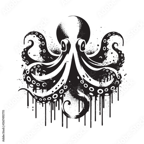 Monochrome stencil illustration of an octopus with dripping spray paint effect