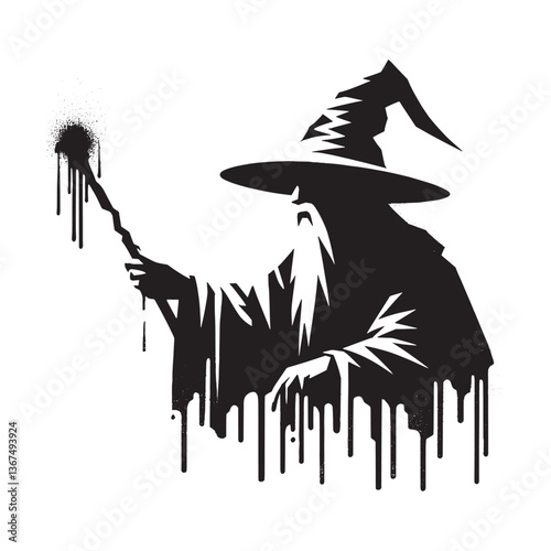 Mystical Wizard in Grunge Stencil Art Style with Dripping Spray Effect