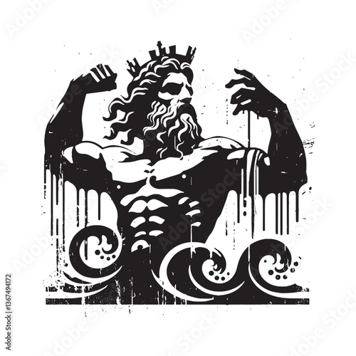 Poseidon,s aquatic figure depicted through spray art with rustic charm and dripping effects