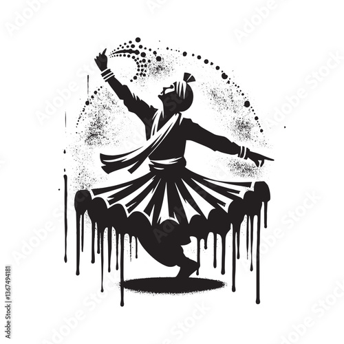Silhouette dancer performs Ghoomar with dripping paint grunge stencil effects