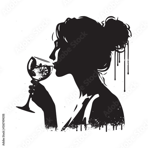 Silhouette of Woman Sipping Drink in Grunge Stencil Style with dripping paint effect