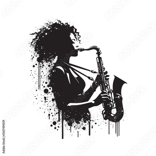 Silhouette of a woman playing saxophone with abstract grunge style details