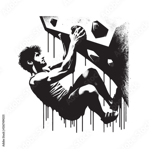 Silhouette of focused climber tackling an indoor wall with grunge texture