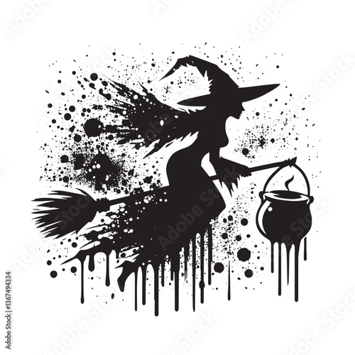 Spooky witch silhouette riding broom with cauldron in grungy splatter style
