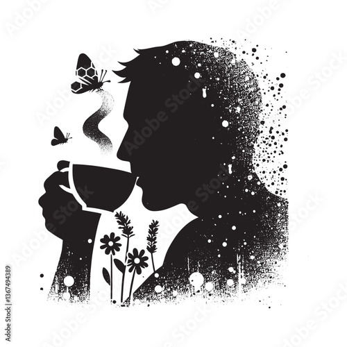 Silhouette of contemplative person sipping herbal tea with floral and butterfly decor
