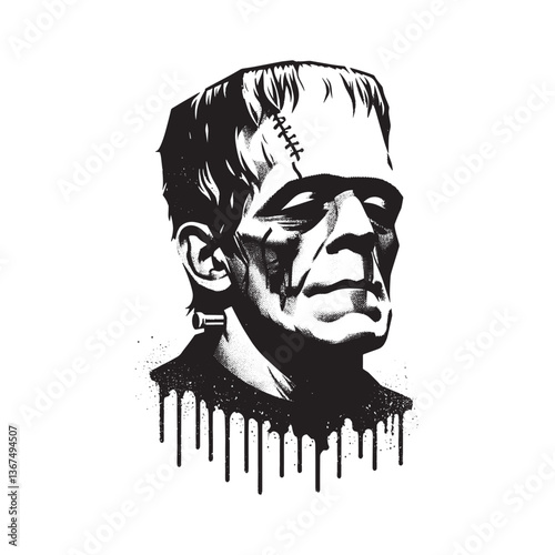 Stylized Frankenstein portrait with dripping paint texture and grunge aesthetic