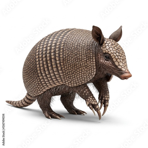 Southern three-banded armadillo curled up isolated on white background, nature and wildlife stock photo
