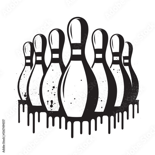 Stylized grunge bowling pins artwork with dripping paint stencil effect