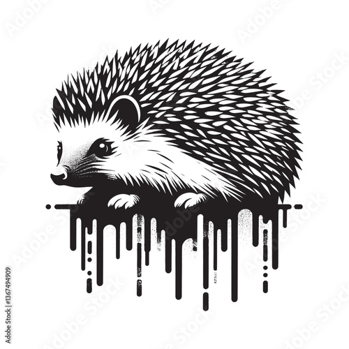 Stylized monochrome hedgehog illustration with dripping ink effect stencil design