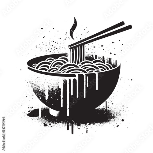 Stylized Noodle Bowl Illustration with Grunge Texture and Dripping Effects