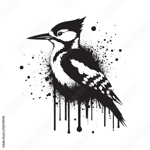 Stylized woodpecker bird with spray paint effects in a grunge stencil style