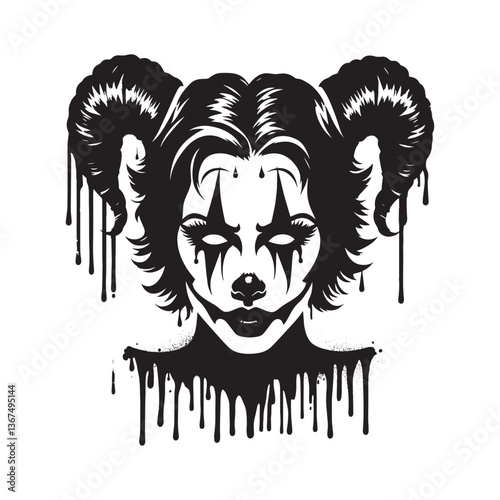 Terrifying female clown stencil with dripping spray and grunge details