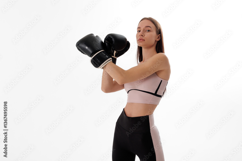 Fototapeta premium Young woman preparing for boxing training in athletic wear while demonstrating a confident stance