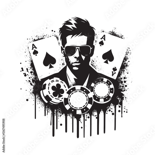 Black and white illustration featuring poker elements with edgy flair design