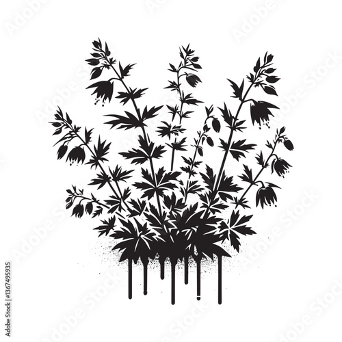 Botanical stencil with dripping paint, showcasing perennial plant elegance