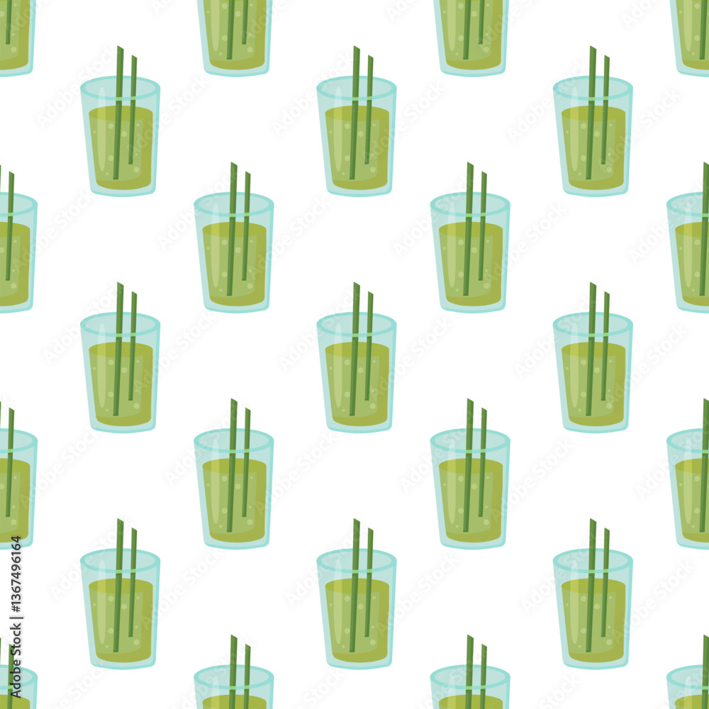 Seamless Pattern with Green Fruit cocktail in glass with straw. Fresh summer drink. Vector illustration.