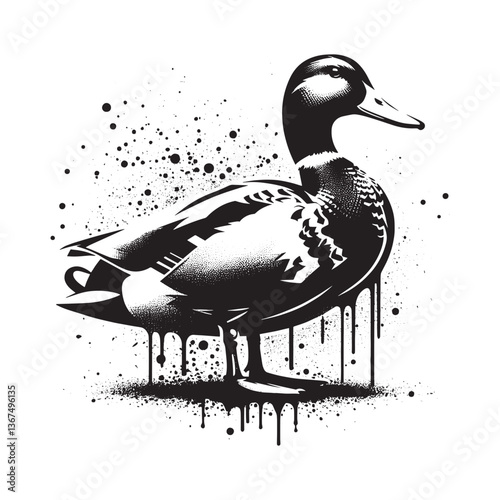 Duck illustration in stencil style, flat, dripping spray, grunge and upscale