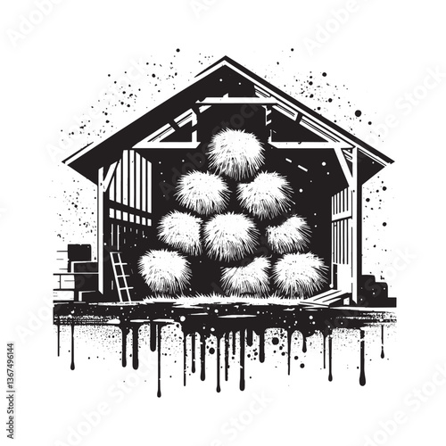 Distressed monochrome graphic of a hayloft interior with abstract hay bales