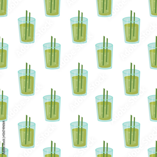 Seamless Pattern with Green Fruit cocktail in glass with straw. Fresh summer drink. Vector illustration.