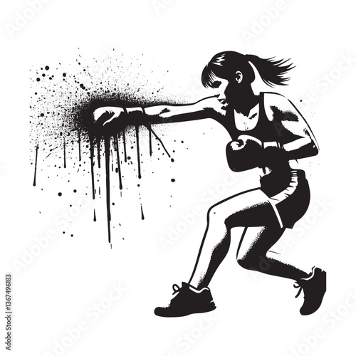Dynamic female boxer in action with expressive ink splatter effect design