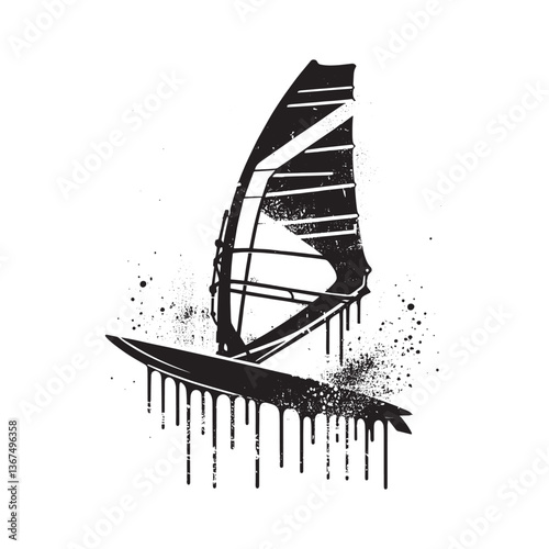 Dynamic windsurf board silhouette with grunge textures and dripping effect
