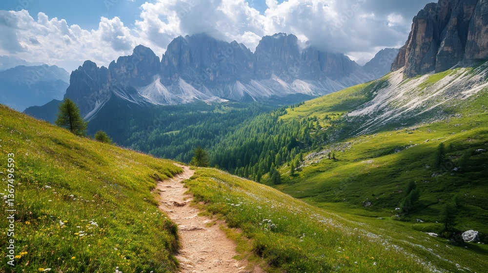 Fototapeta premium Hiking trail winding through lush green meadow in the dolomites