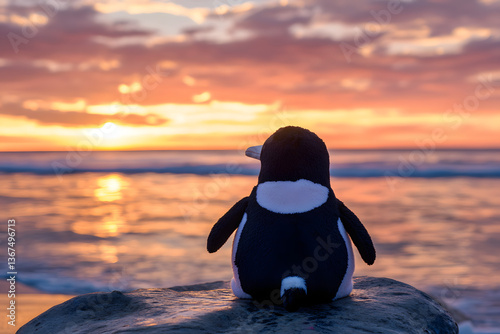 Back view of a penguin plush sitting on a stone and looking at the sea with a sunset sky in the background.