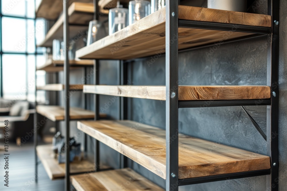 Fototapeta premium Metal industrial-style office shelving unit with wooden shelves.