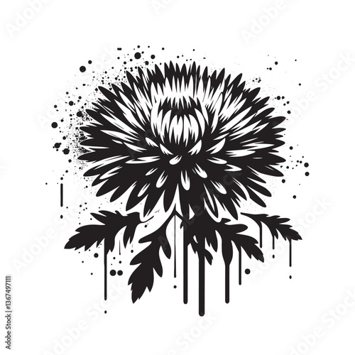 Monochrome Chrysanthemum Bloom with Spray Paint Splatter and Drip Effects