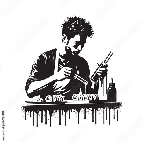 Monochrome culinary artisan preparing flavorful sushi with precision stencil technique