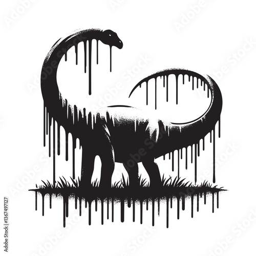Monochrome Brachiosaurus Silhouette with Drip Effect in Urban Art Style