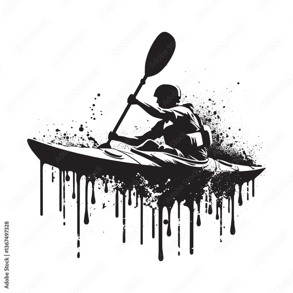 Monochrome Kayaker Silhouette with Drip Style Splatter Effects and Graphic Design