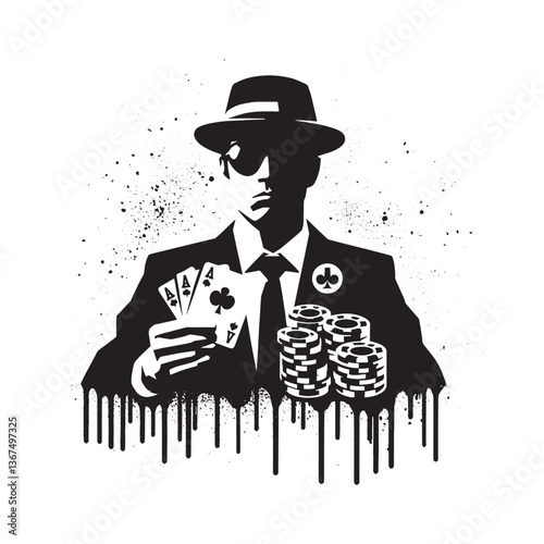 Monochromatic Gambling Illustration Featuring a Stylish Player and Casino Chips
