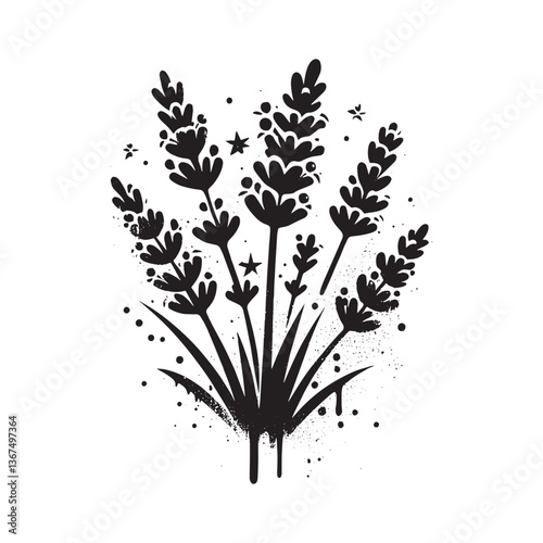 Monochrome Lavender Illustration with Distressed Spray Paint Texture Design