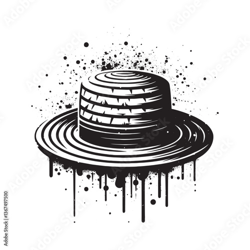 Monochrome Stencil Art of a Classic Straw Boater Hat with Splatter Effects