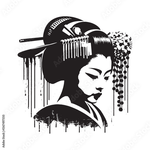 Monochrome stencil art of a serene geisha with abstract spray paint effects