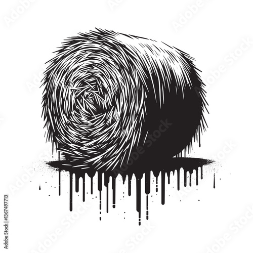 Monochrome vector illustration featuring a hay bale with dripping paint design