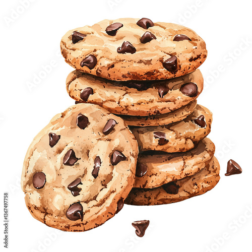 Stack of chocolate chip cookies with scattered chips, watercolour clipart illustration isolated on a transparent background