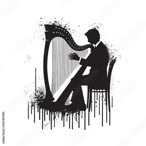 Silhouette musician passionately playing harp instrument in dripping spray style