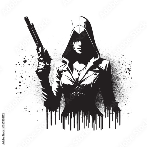 Stylized Assassin Silhouette with Spray Paint Texture and Drip Effects