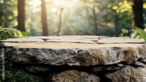 Wallpaper Mural Natural Stone Table Top in Serene Forest Setting with Soft Morning Light Torontodigital.ca