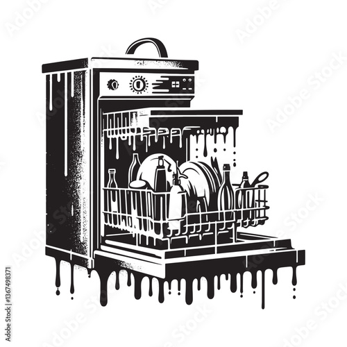 Stylized Dishwasher Illustration in Black and White with Dripping Paint Effects