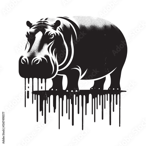 Stylized hippo with dripping paint effect, a black and white design