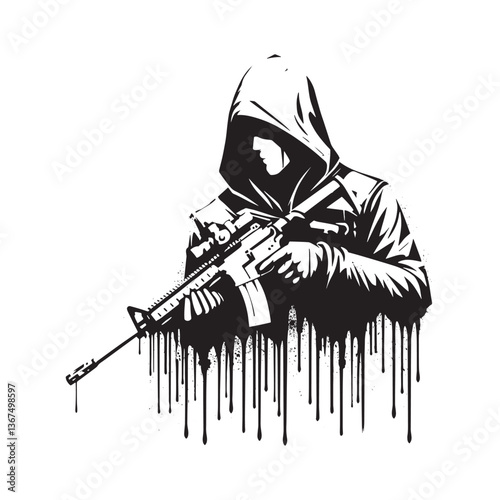 Stylized monochrome image of armed hooded figure in stencil dripping style
